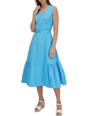 Akris Punto $1390 Blue Cotton Poplin V-Neck Belted Midi Dress Sleeveless Pocket